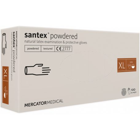 Santex rugalmas latex púderezett tejfehér orvosi kesztyű, 5.0g - 100 db, XL méret